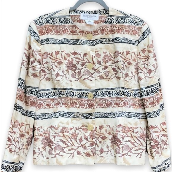 Jones New York Silk Floral Batik Blazer Tan Jacket Button Front Women Size 14P - Picture 1 of 9